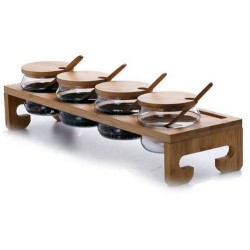 Σετ 4 βαζάκια borosilicate σε βάση ξύλινη με κουταλάκια μπαμπού 40x7εκ.