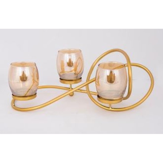 Κηροπήγιο 3 θέσεων γυαλί/μέταλλο χρυσό/μελί 39x23,5x14εκ.