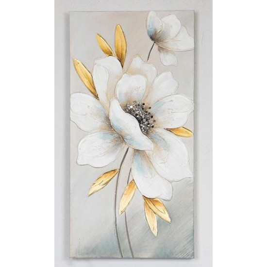 Πίνακας σε καμβά λευκό/χρυσό λουλούδι 60x90x3εκ.