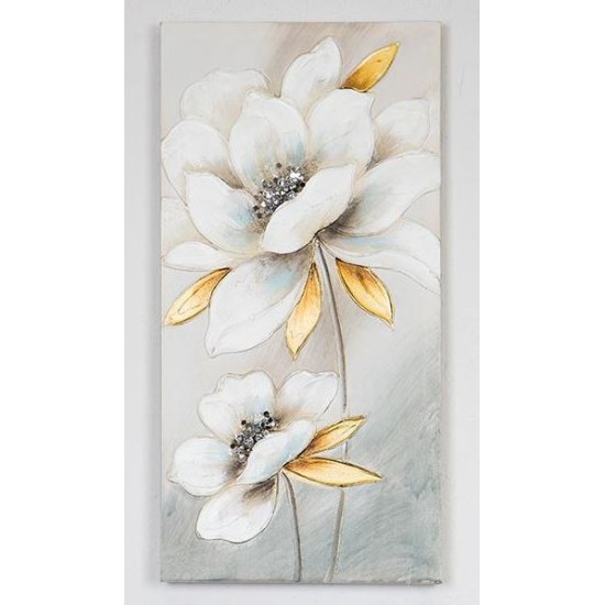Πίνακας σε καμβά λευκό/χρυσό λουλούδια 60x90x3εκ.