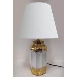 Φωτιστικό επιτραπέζιο κεραμικό λευκό/χρυσό με υφασμάτινο καπέλο 25x40εκ.