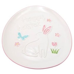 Διακοσμητική πασχαλινή πιατέλα κεραμική λαγός λευκή/ροζ 20,6x26x1,7εκ.