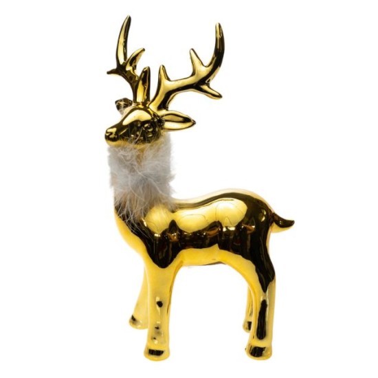 Διασκοσμητικός χριστουγεννιάτικος τάρανδος κεραμικός χρυσός με πούπουλο 13,5x8,3x23,7εκ.