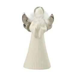 Χριστουγεννιάτικος κεραμικός άγγελος λευκό/ασημί με πούπουλο 11,5x7,8x21,5εκ.