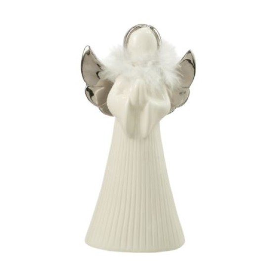 Χριστουγεννιάτικος κεραμικός άγγελος λευκό/ασημί με πούπουλο 11,5x7,8x21,5εκ.
