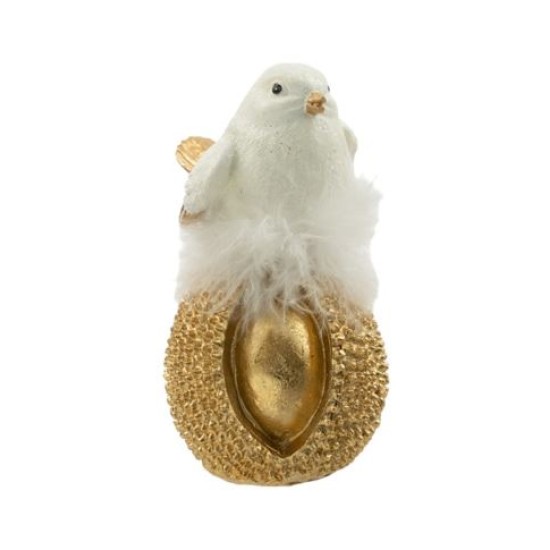 Διασκοσμητικό πουλί σε βελανίδι polyresin χρυσό/λευκό με πούπουλο 9x7,5x13εκ.