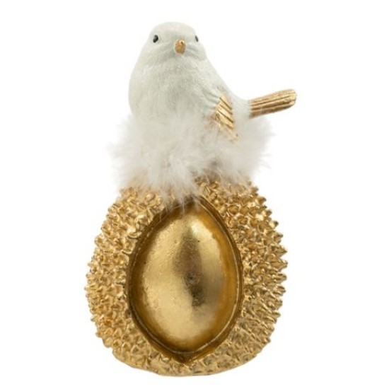 Διασκοσμητικό πουλί σε βελανίδι polyresin χρυσό/λευκό με πούπουλο 10x9x15,5εκ.