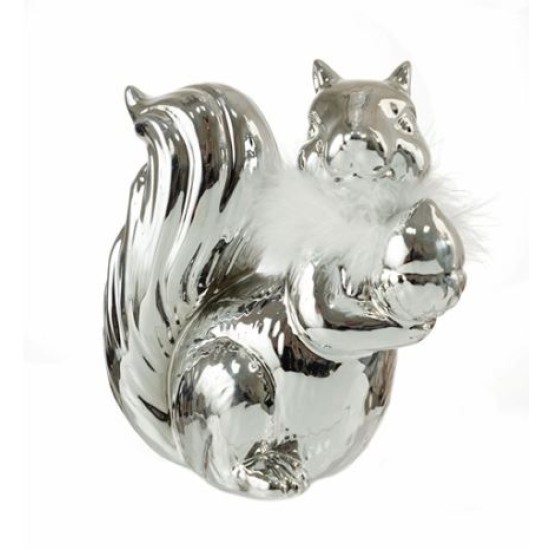 Διακοσμητικό σκίουρος κεραμικός ασημί με πούπουλο 16,5x16x8εκ.