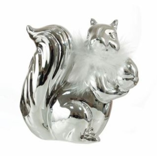 Διακοσμητικό σκίουρος κεραμικός ασημί με πούπουλο 12x12x6εκ.