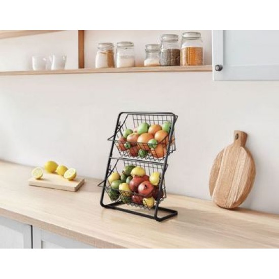 Φρουτιέρα μεταλλική μαύρη ματ 2όροφη 28x18x39εκ.