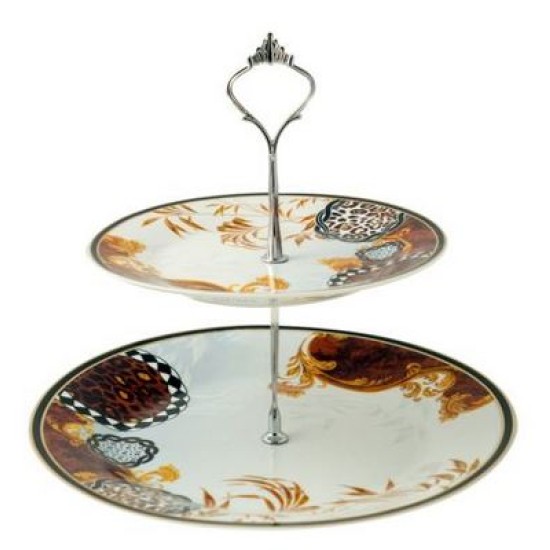 Ορντεβιέρα διώροφη πορσελάνης χρυσό/καφέ/μαύρο σχέδιο 26,7/19εκ.