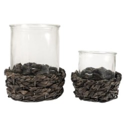 Σετ 2 κηροπήγια γυαλί/ψάθα μαύρη 16x7εκ./12x6εκ.