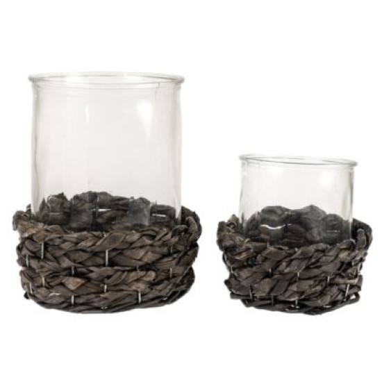 Σετ 2 κηροπήγια γυαλί/ψάθα μαύρη 16x7εκ./12x6εκ.
