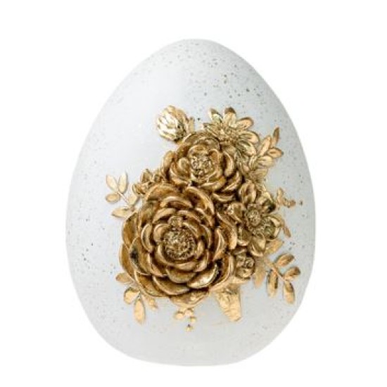 Πασχαλινό αυγό πολυεστερικό λευκό με χρυσά λουλούδια 6,5x6,5x8,5εκ.
