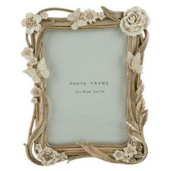 Κορνίζα polyresin σαμπανί με μπεζ λουλούδια 15x20εκ.