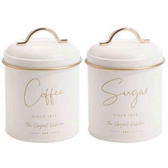 Σετ 2 βάζα καφέ/ζάχαρη μεταλλικά λευκό/χρυσό 11x16εκ.