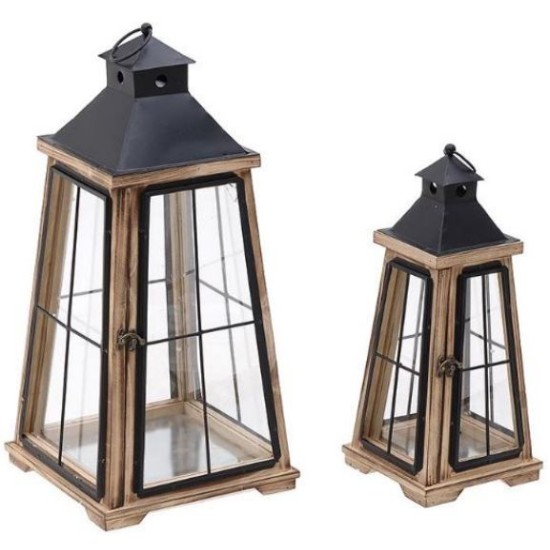 Σετ 2 φανάρια ξύλο/μέταλλο καφέ/μαύρο