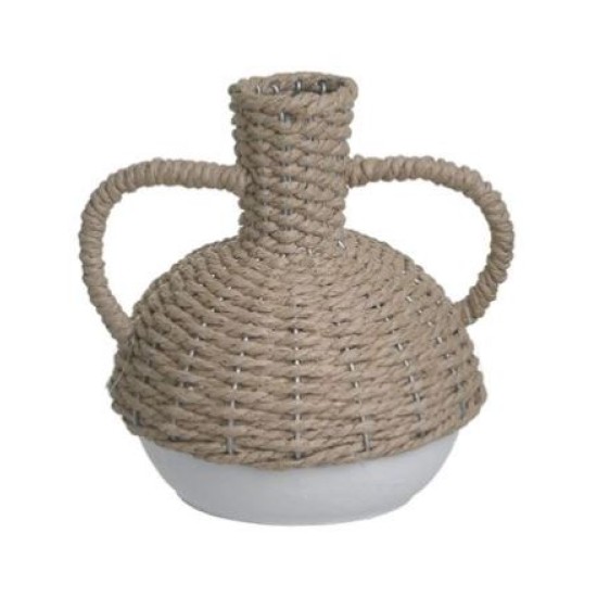 Ανθοδοχείο κεραμικό/ψάθινο λευκό/natural 18x21εκ.