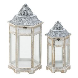 Σετ 2 φανάρια ξύλο/μέταλλο αντικέ λευκό/γκρι