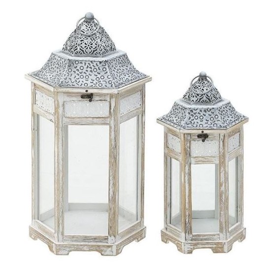 Σετ 2 φανάρια ξύλο/μέταλλο αντικέ λευκό/γκρι