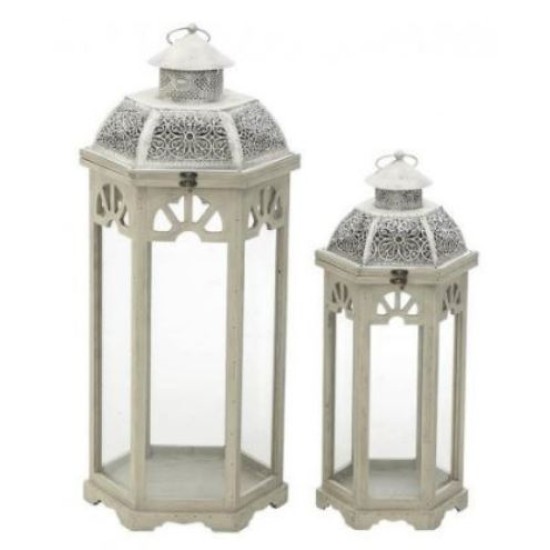 Σετ 2 φανάρια μεταλλικά με ξύλο εκρού/λευκό χρώμα