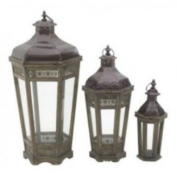 Σετ 3 φανάρια μεταλλικά με ξύλο σε μπρονζέ με καφέ χρώμα