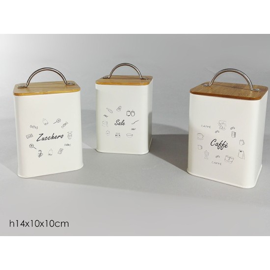 Δοχείο καφέ-ζάχαρη-αλάτι μέταλλο/ξύλο κρεμ 10x10x14εκ.