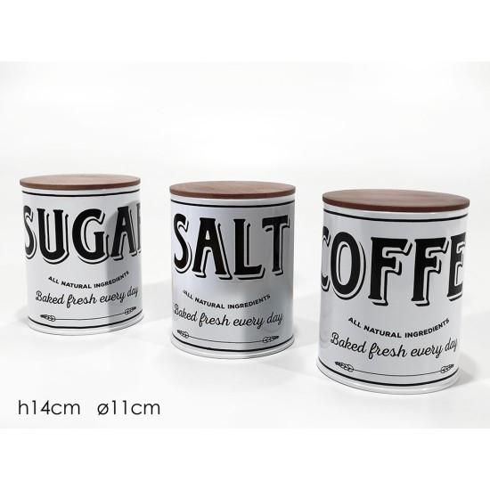 Δοχείο καφέ-ζάχαρη-αλάτι μέταλλο/ξύλο λευκό/μαύρο 11x14εκ.