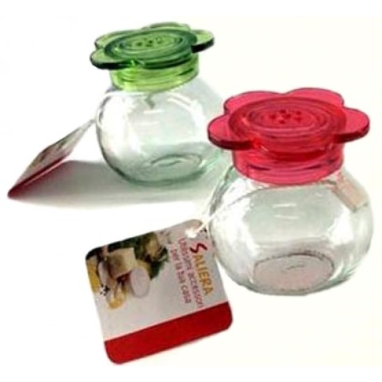 Αλατιέρα γυάλινη με πλαστικό χρωματιστό καπάκι (Υ)6εκ.