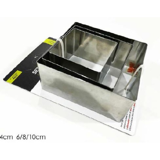 Σετ 3 φόρμες ζαχαροπλαστικής τετράγωνες inox 6x4-8x4-10x4εκ.