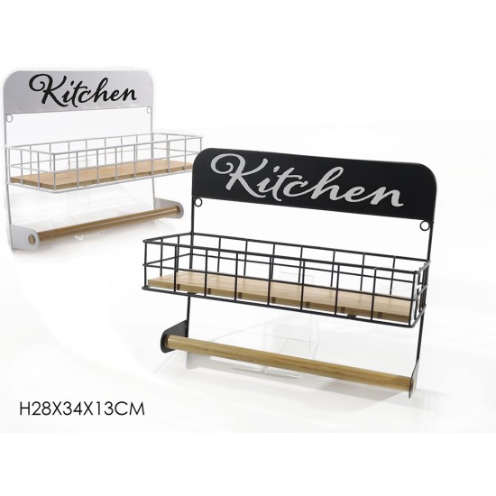 Βάση για χαρτί κουζίνας με θήκη για βαζάκια επιτοίχια μέταλλο/ξύλο 34x13x28εκ.