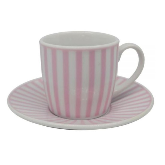 Σετ 6 φλυτζάνια καφέ πορσελάνης λευκό-ροζ ρίγες 110ml