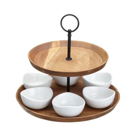 Ορντεβιέρα 2 όροφη ξύλο/μέταλλο με 6 μπωλ πορσελάνης 24x25εκ.