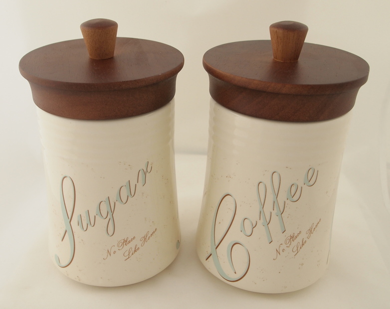 Βάζα Καφέ-Ζάχαρης: Σετ 2 βάζα καφέ-ζάχαρη πορσελάνη/ξύλο 20x11x11εκ.